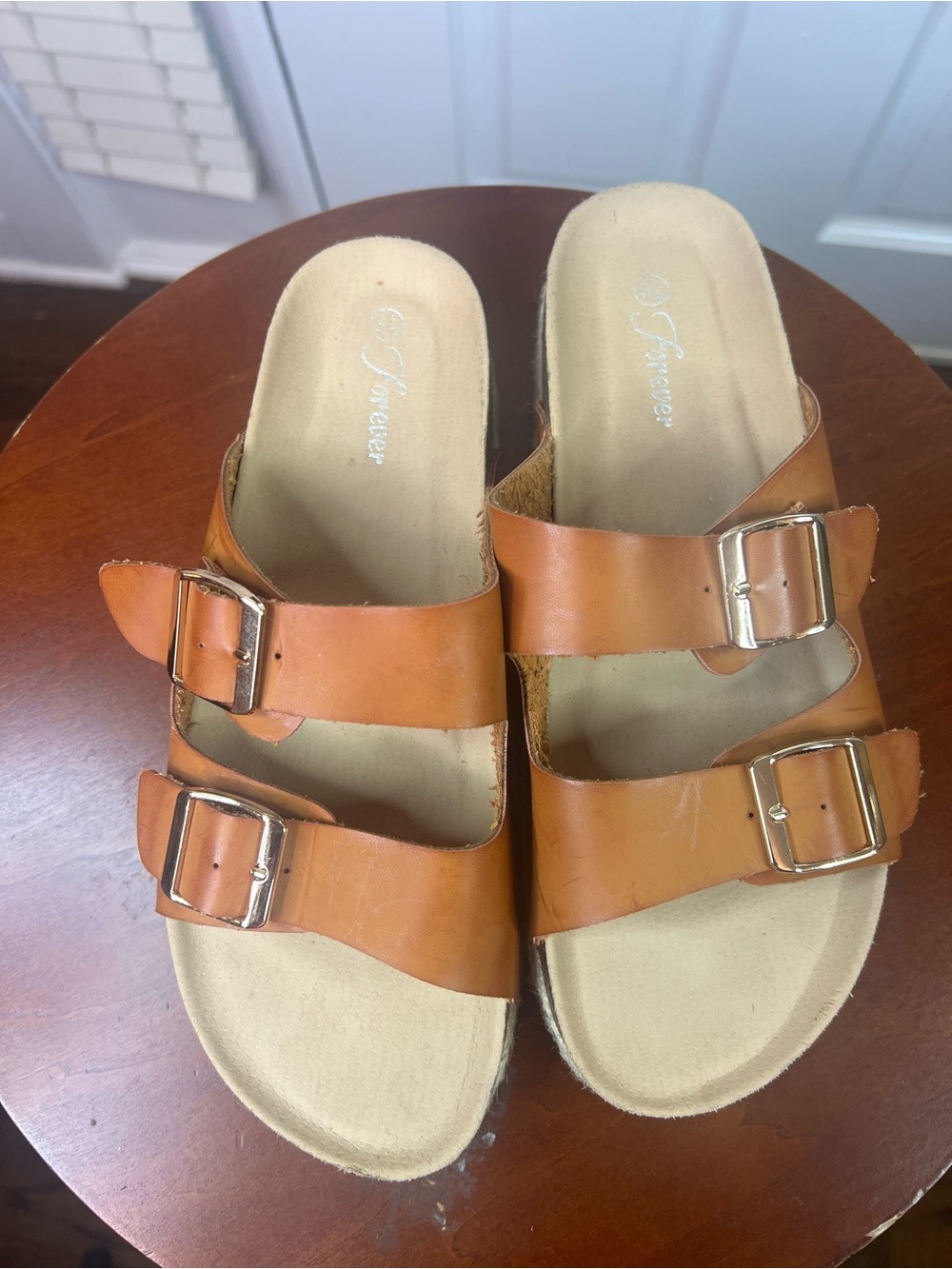 Forever Cognac Double Buckle Slide Sandals